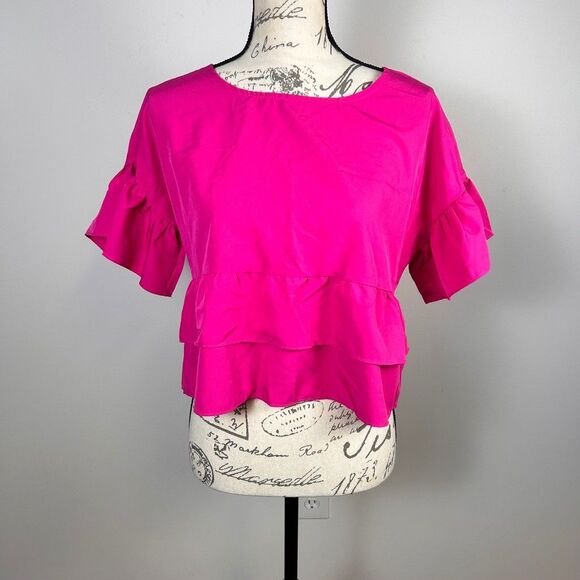 SHEIN Tops - Shein Womens Hot Pink Ruffle Blouse Medium Short Sleeve Tiered Peplum Crop Top